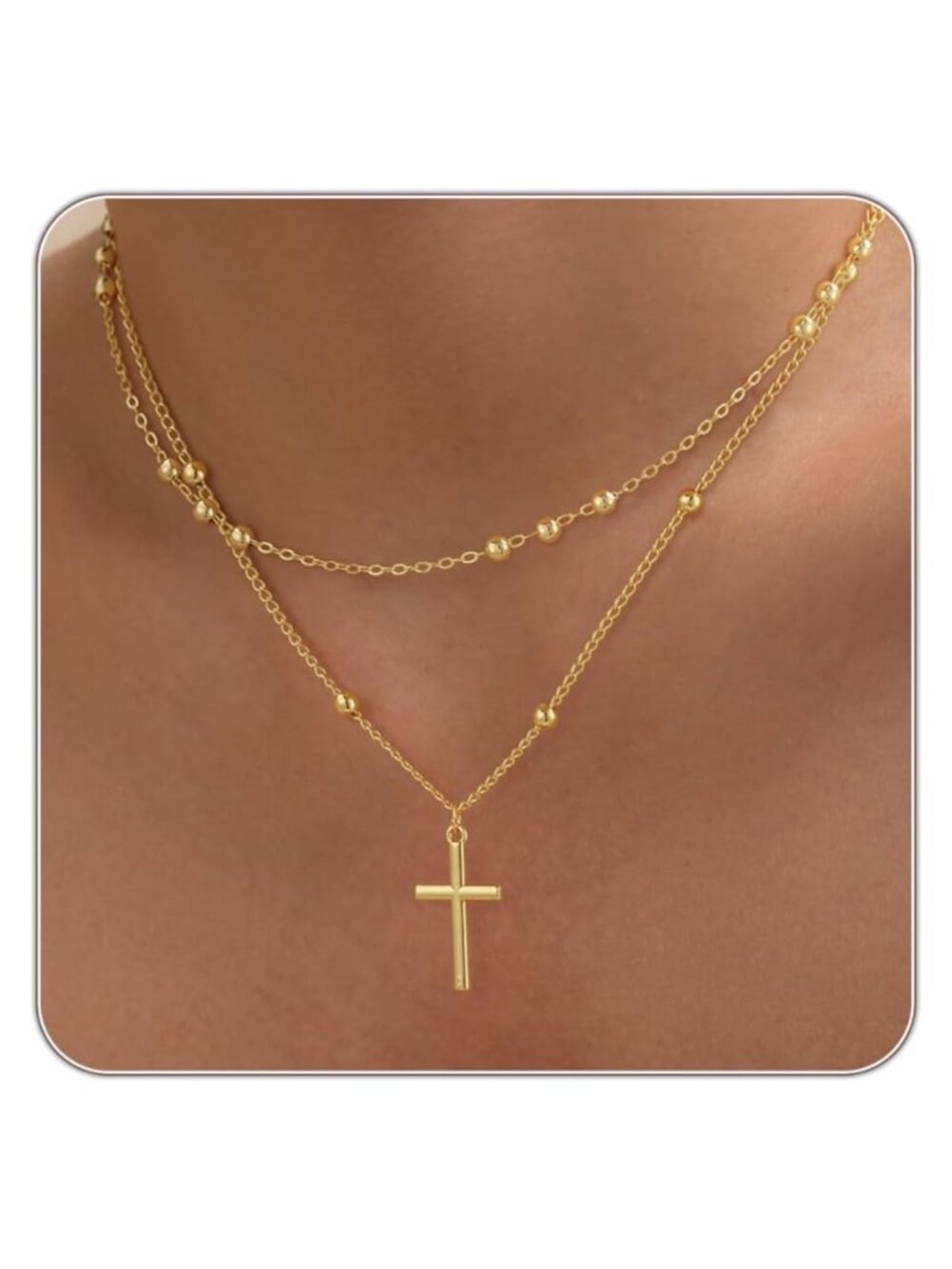 14K Gold Plated Layered Cross Pendant Necklace Stack